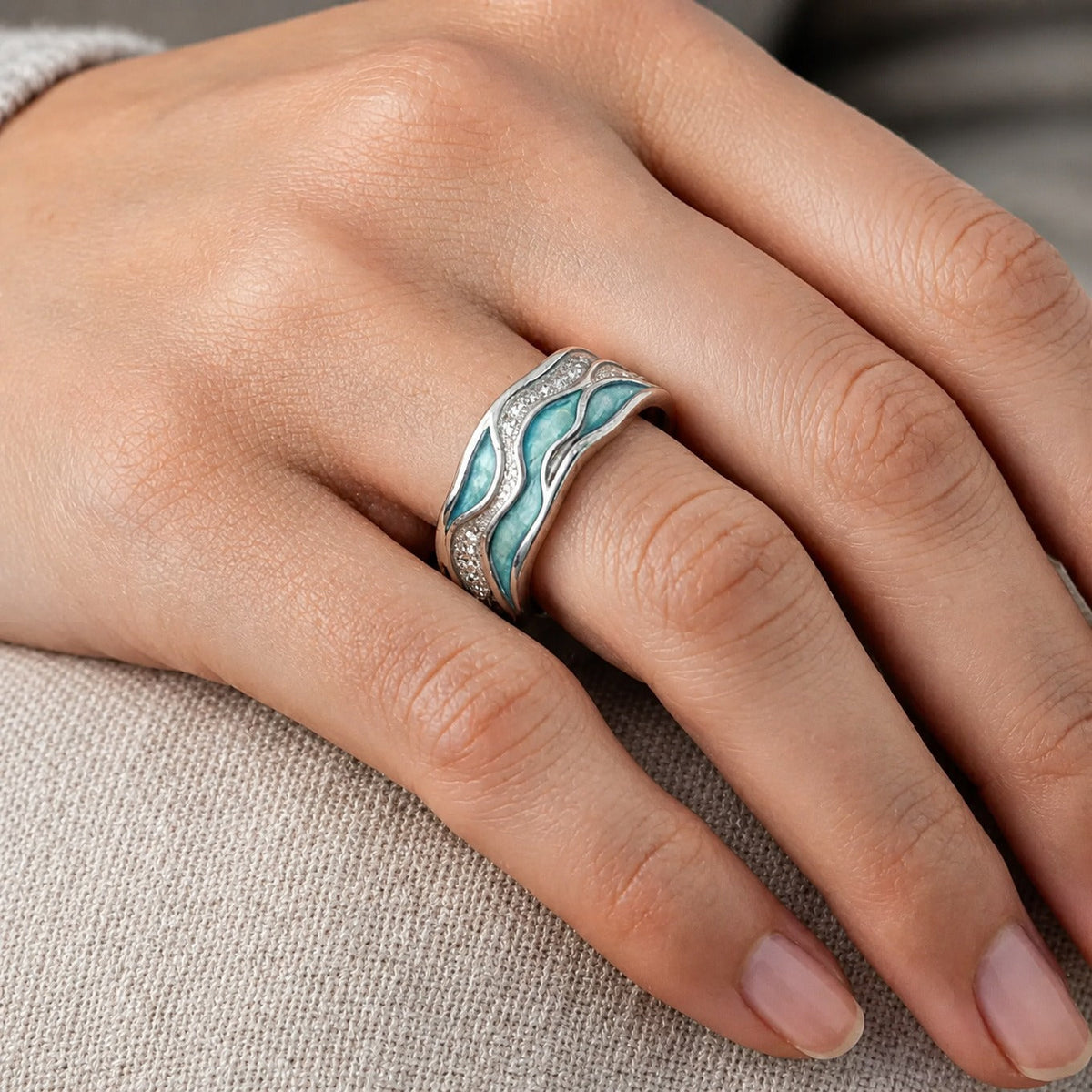 Dwynwen — Turquoise Ocean Ripple Ring