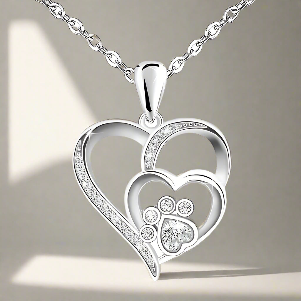 Millie — Sterling Silver Paw & Heart Necklace with Zirconia