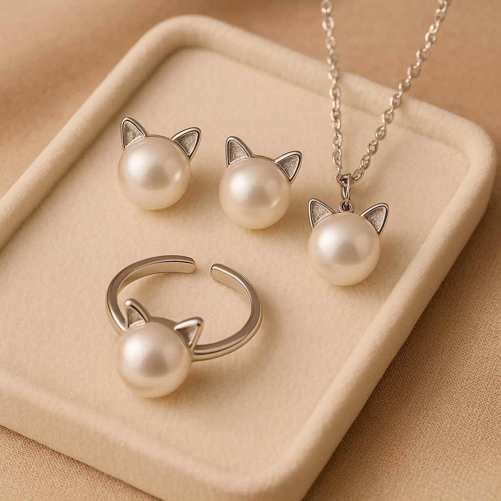 Paisley — Beautiful Pearl Cat Necklace with Bonus Earrings + Ring