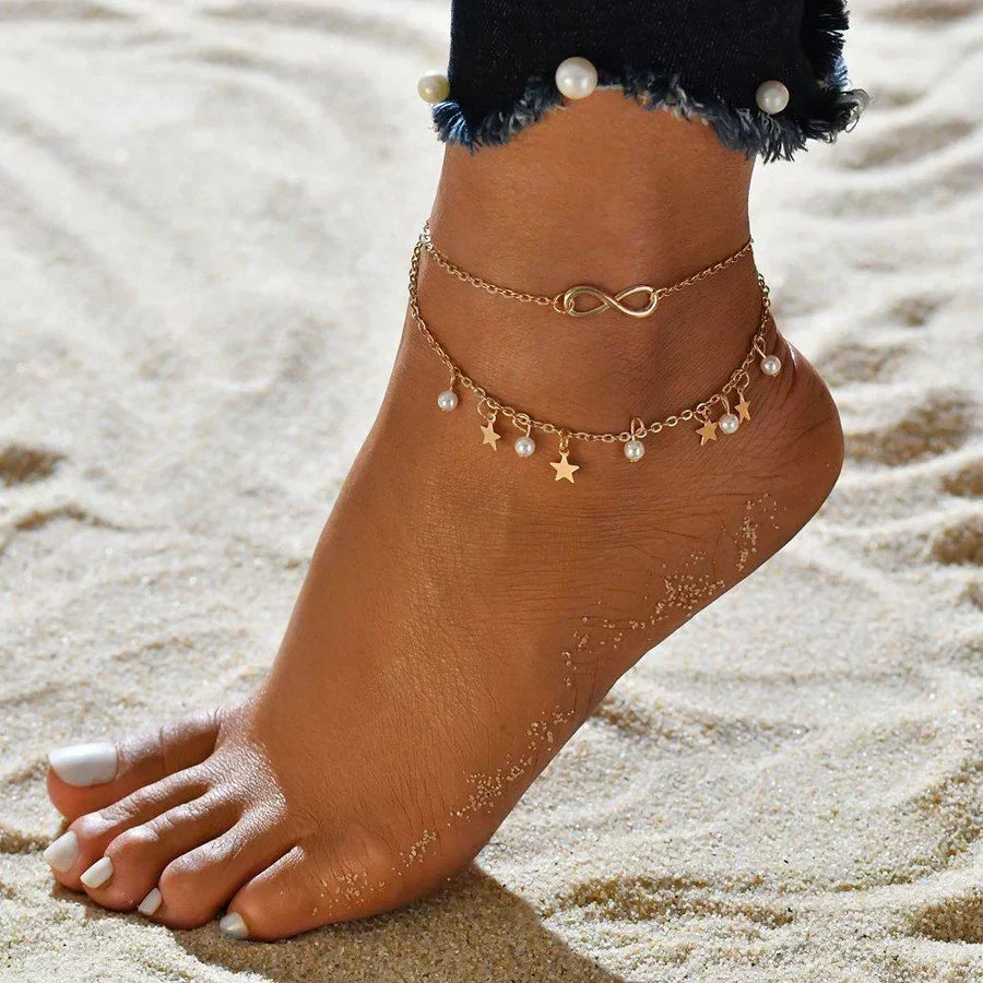 Hyacinth — Infinity Anklet Bracelet with Pearls and Stars in Gold