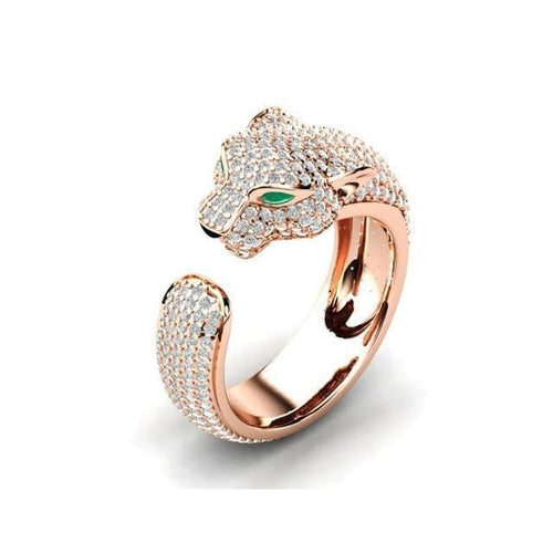Adjustable Jaguar Ring in Silver and 18K Rose Gold with Green Cubic Zirconia Eyes