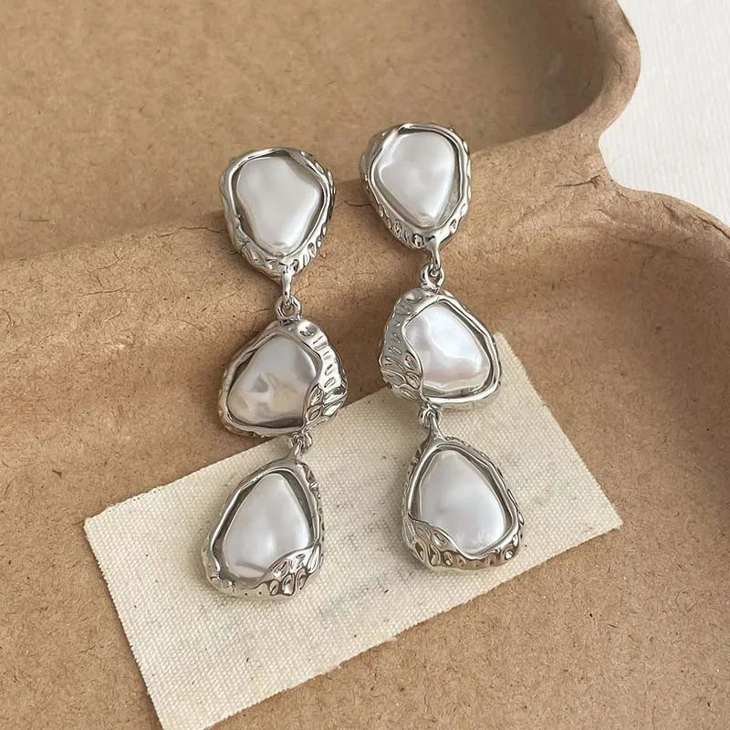 Corinne — Sculpted Silver Pearl Drop Earrings