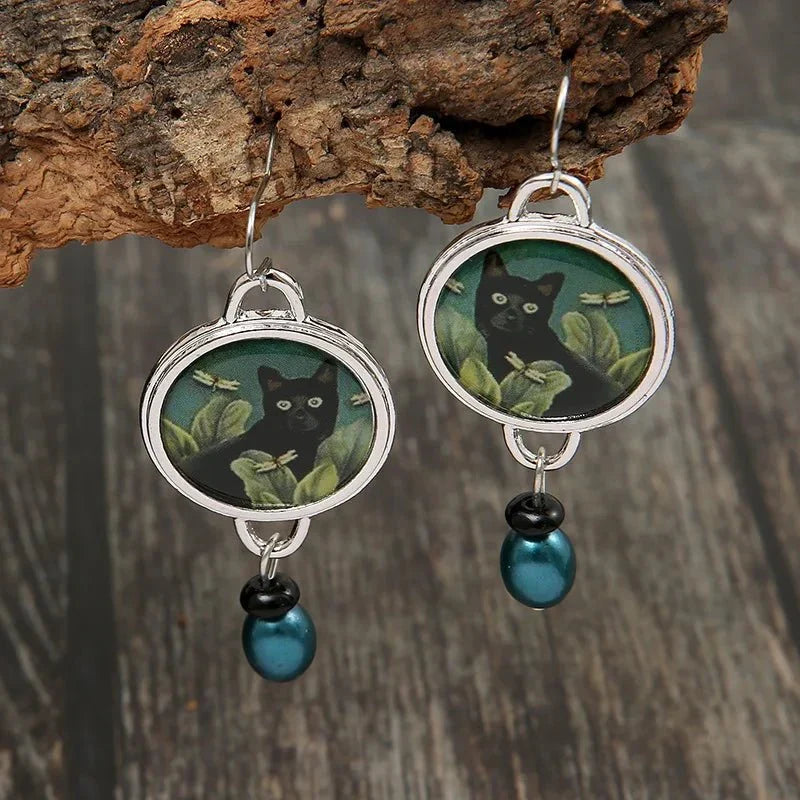 Rhoda — Vintage Tropical Black Cat Dangle Earrings