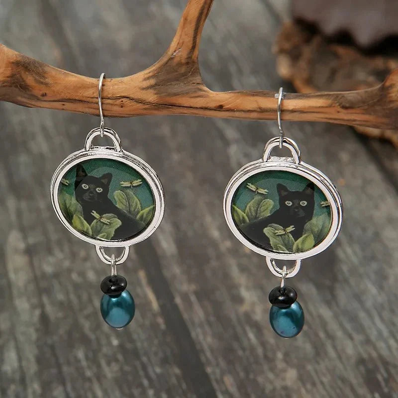 Rhoda — Vintage Tropical Black Cat Dangle Earrings