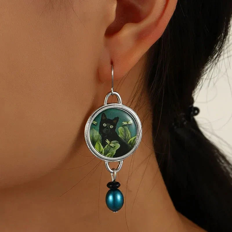 Rhoda — Vintage Tropical Black Cat Dangle Earrings