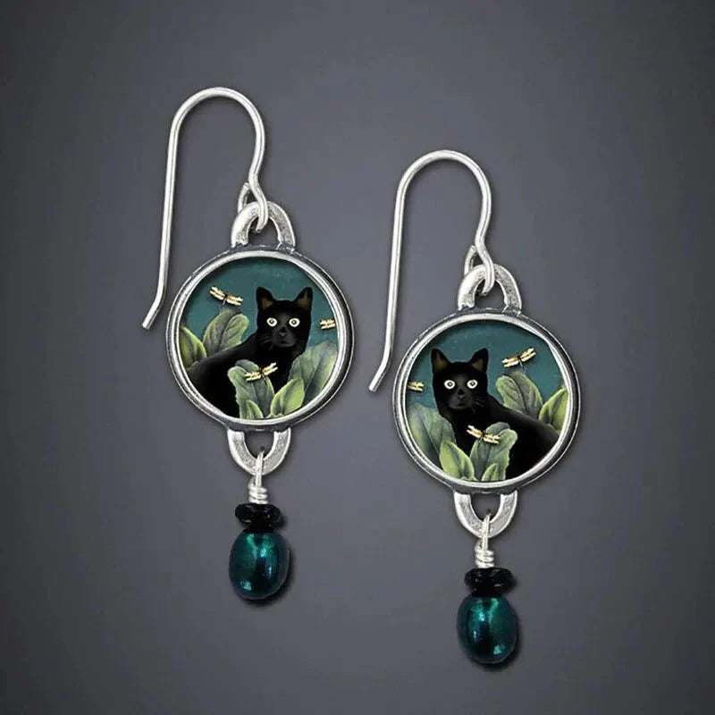 Rhoda — Vintage Tropical Black Cat Dangle Earrings