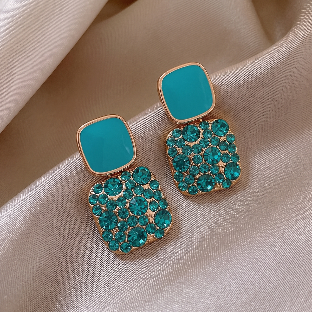 Genevieve — Crystal-Inlaid Square Glass Drop Earrings